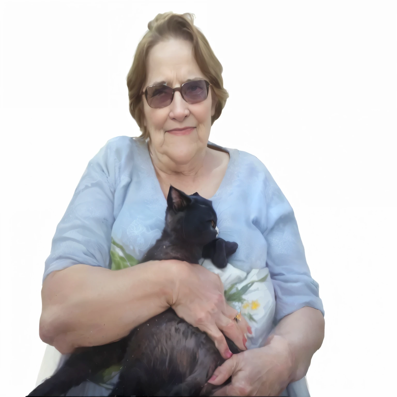 there is a woman holding a cat and a bottle, she is holding a cat in her arms, por Winona Nelson, Annie Leibowitt, Direction: Georgina Hunt, por Dorothy Bradford, sombreado, Grandmother, anos longos, com gatinho no colo, rasgar, olhando parcialmente para a esquerda, foto de uma linda, por Joy Garnett, Direction: Rosalie Emslie