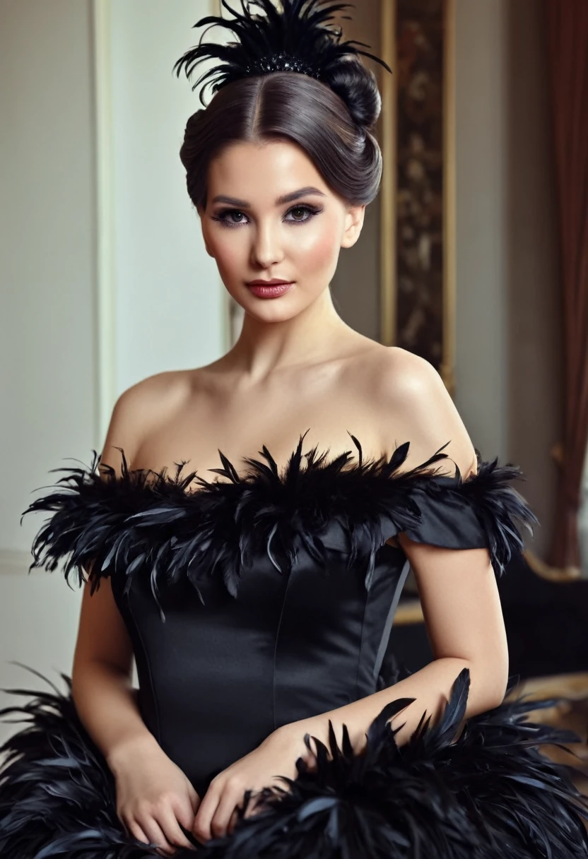 Woman with long dark hair dress in black dress с with open shoulders with feather boa, hairstyle, all hair gathered at the top in a classic bun, in the room hyperdetailed, realistic photo, SDXL photo