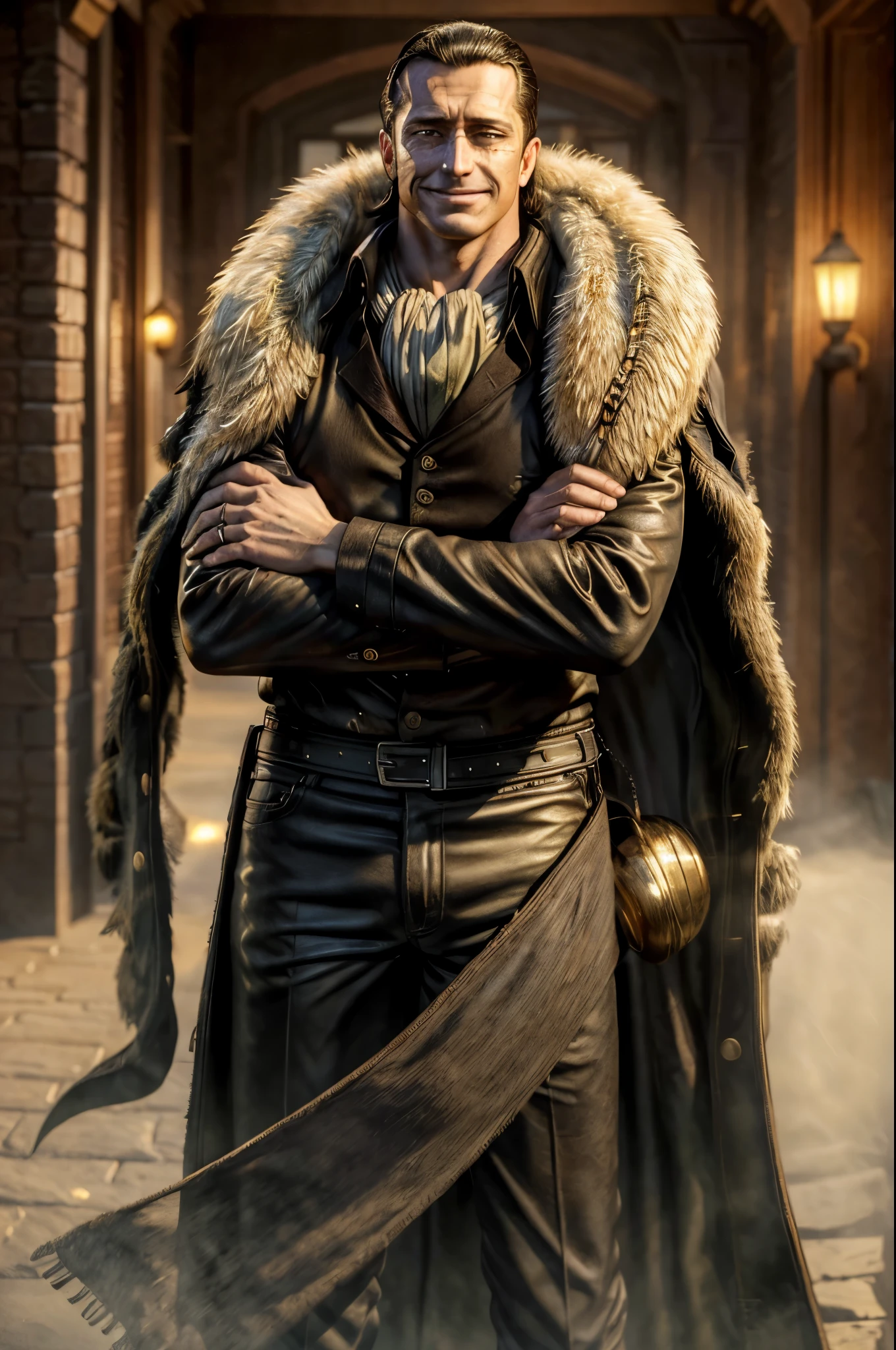 masterpiece, best quality, extremely detailed, hyperrealistic, photorealistic, a cool 40s man, ultra detailed face:1.2, fur-trimmed coat, scarf around the neck, his left hand is a golden pirate hook:1.1, cigar, white brick buildings, sly smile, crossed arms, sandstorm