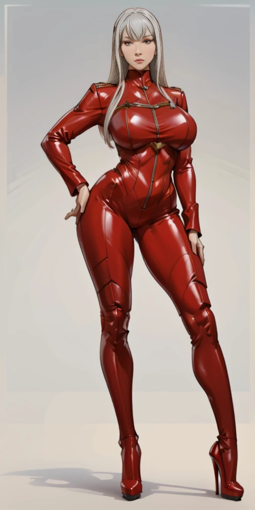 (Masterpiece, plain background:1.2) 1sologirl standing straightforward symmetrical wearing only red tight leather latex outfit and high heels 👠, Selvaria Bles