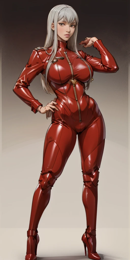 (Masterpiece, plain background:1.2) 1sologirl standing straightforward symmetrical wearing only red tight leather latex outfit and high heels 👠, Selvaria Bles