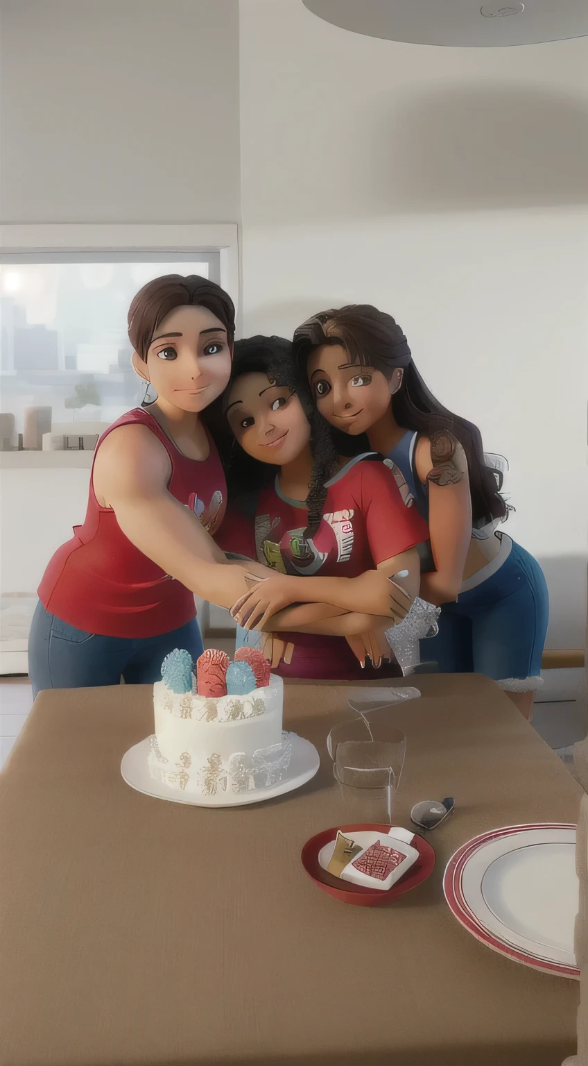 Three friends hugging,where the first from left to right is a muscular white man wearing a red tank top, a sua direita uma mulher morena e a direita uma outra mulher branca de cabelos pretos. All three are behind a white cake with a candle on top.. This scene captures a moment of celebration and shared experience among those present.