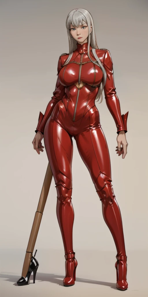 (Masterpiece, plain background:1.2) 1sologirl standing straightforward symmetrical wearing only red tight leather latex outfit and high heels 👠, Selvaria Bles