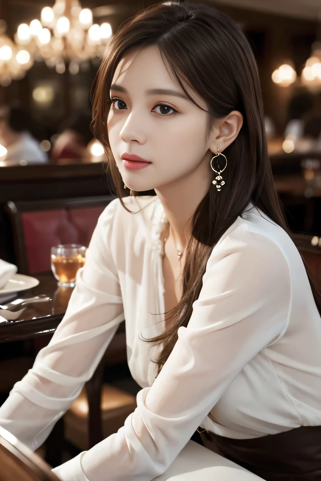 masterpiece, highest quality, Realistic, Very detailed, Finer details, High resolution, 8k wallpaper, One beautiful woman, Wear an elegant white see-through blouse, In a great restaurant, At night, Light brown messy hair, Perfect dynamic composition, Beautiful and beautiful eyes、Big earrings、Sitting in a chair、