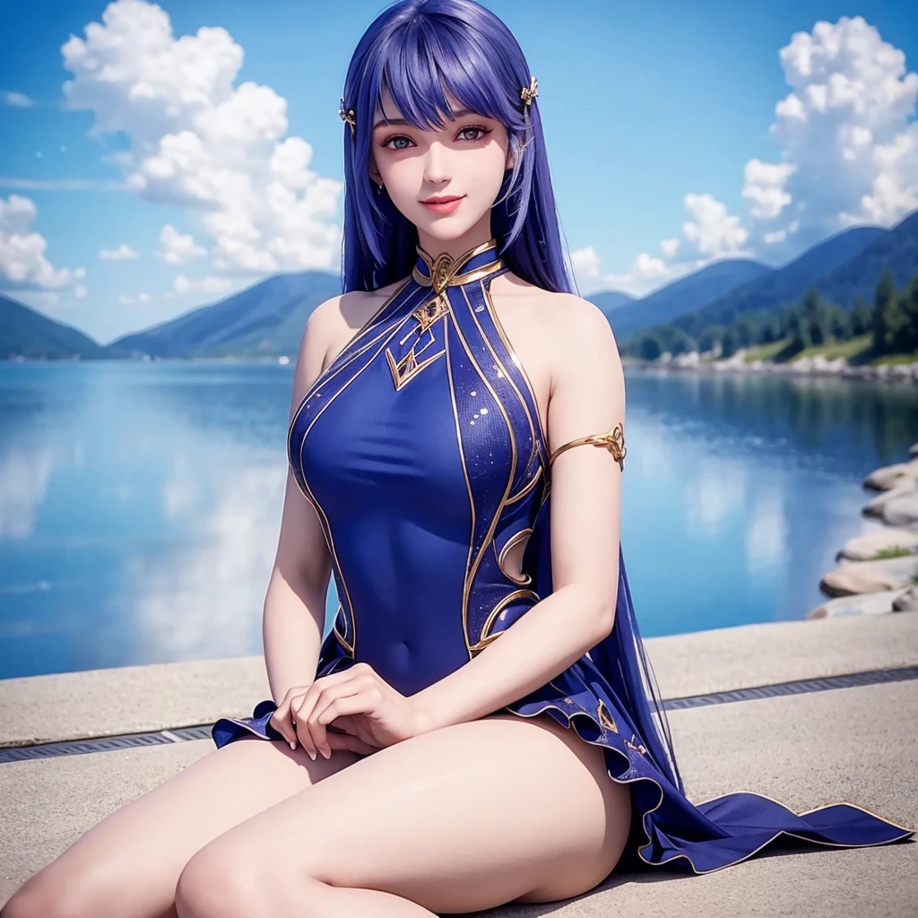 girl, full body, hands on waist, beautiful detailed eyes, beautiful detailed lips, extremely detailed eyes and face, long eyelashes, Swimsuit, cute smile, outdoors, landscape, sitting on the floor, looking at the sky.