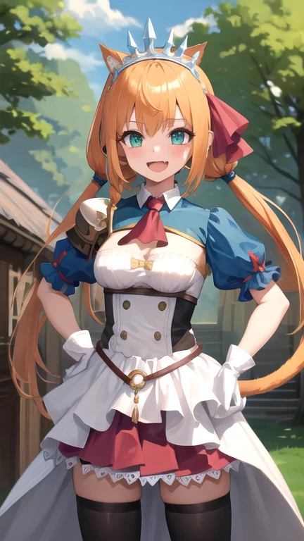 2girls, looking at viewer, village, forest BREAK, masterpiece, best quality, highres, nice hands, perfect hands ADDCOMM, 1girl, aapeco, very long hair, ahoge, braid, tiara, hair ribbon, red ascot, cleavage, shrug (clothing), shoulder armor, white dress, short sleeves, white gloves, pleated skirt, red skirt, waving, smile BREAK, 1girl, karylaa, two-tone hair, low twintails, green eyes, fang, cat tail, sleeveless shirt, bare shoulders, blue sleeves, jewelry, purple skirt, black thighhighs, embarrassed, surprised, hand on own hip, cat ears