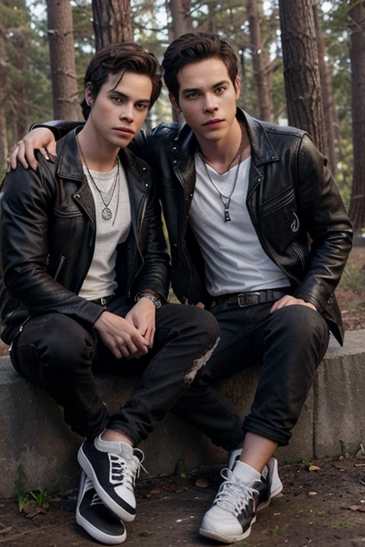 Dylan O'Brien, Stiles Stilinski 18 years old short messy dark brown hair, honey colored eyes, black open leather jacket, white shirt with fox print, black jeans with silver belt, fox pendant, black tennis shoes with white dark forest background fox aura around black color