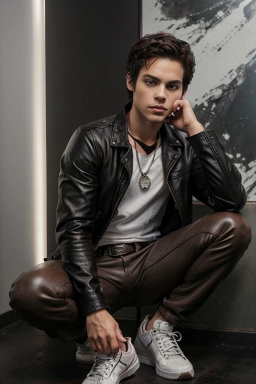 Dylan O'Brien, Stiles Stilinski 18 years old short messy dark brown hair, honey colored eyes, black open leather jacket, white shirt with fox print, black jeans with silver belt, fox pendant, black tennis shoes with white dark forest background fox aura around black color