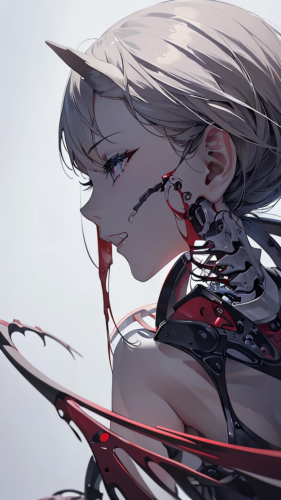 ((8K resolution))、((highest quality))、((masterpiece))、((Very detailed))((((dramatic))), (Anatomically correct)、The depth of the object to write、Looking at the camera、front、(Mechanical bones格、Mechanical boneechanical Cervical Vertebra、Long and thin、lipstick、Spit sludge from the mouth、Bloody)、spooky、an ominous、((theme、whole body:1.1)), SF、rifle、Biomechanics、Design、White background