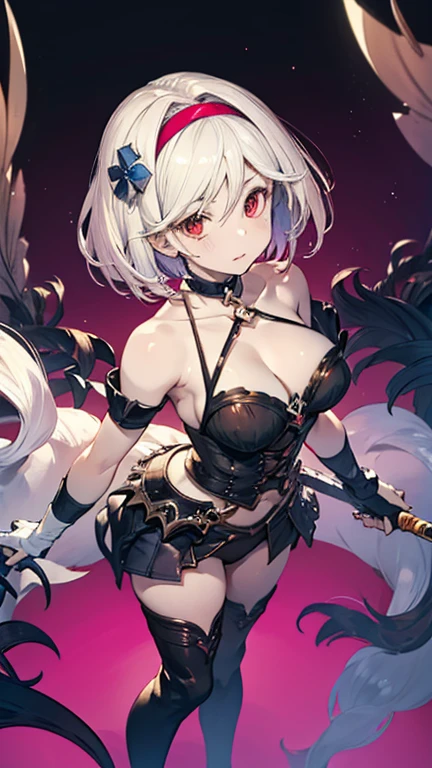 pale skin, white hair, red eyes, crop top, sleeveless, black skirt, choker,Black shoulder armor, large sword with sharp red and black decorations, tattered black dress,Black Thigh Boots,An effect like a red thread floating in the air,High resolution,Sharp focus,(Super detailed,Very detailed),(Very detailed CG unity 8k wallpaper),(((Vibrant colors))),{best illustration}, Complex eyes,Beautiful fine details,Symmetrical eyes,Big eyes:1.5,Seductive eyes,Camel Toe,erection of nipple, One Girl,Blonde,Shiny Hair,short hair,hair band,Brown eyes,teenage,cute, very shiny 肌,Shiny body,plastic glitter 肌,exaggerated shiny 肌,illuminated skin, Big Tits,glamorous,Tight waist,Long legs,curve,Cleavage,erotic,Bold,Revealing clothing,show 肌, Invisible Light, Amazing shine, Neon pink glow, The colors of another world,Bright colors,low angle view, calf level view,
