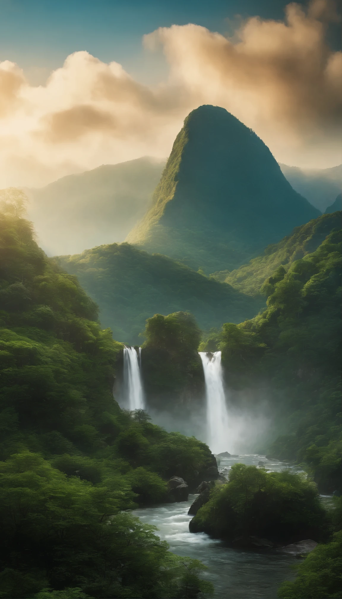 A fascinating masterpiece、Showcasing the highest quality and high resolution、Highly detailed CG created as Unity 8K wallpaper。This scene is set outdoors during the day, teeming with life.、It features a quiet sky covered with mysterious clouds.、I can't see anyone。A towering mountain covered in lush greenery and jagged cliffs々dominates the landscape、Rivers and tranquil lakes interweave the scene。In the blue sky、A veil of mist from the waterfall dots the、It flows down a rocky cliff。wood々Swaying gently、Adds rhythm to nature。