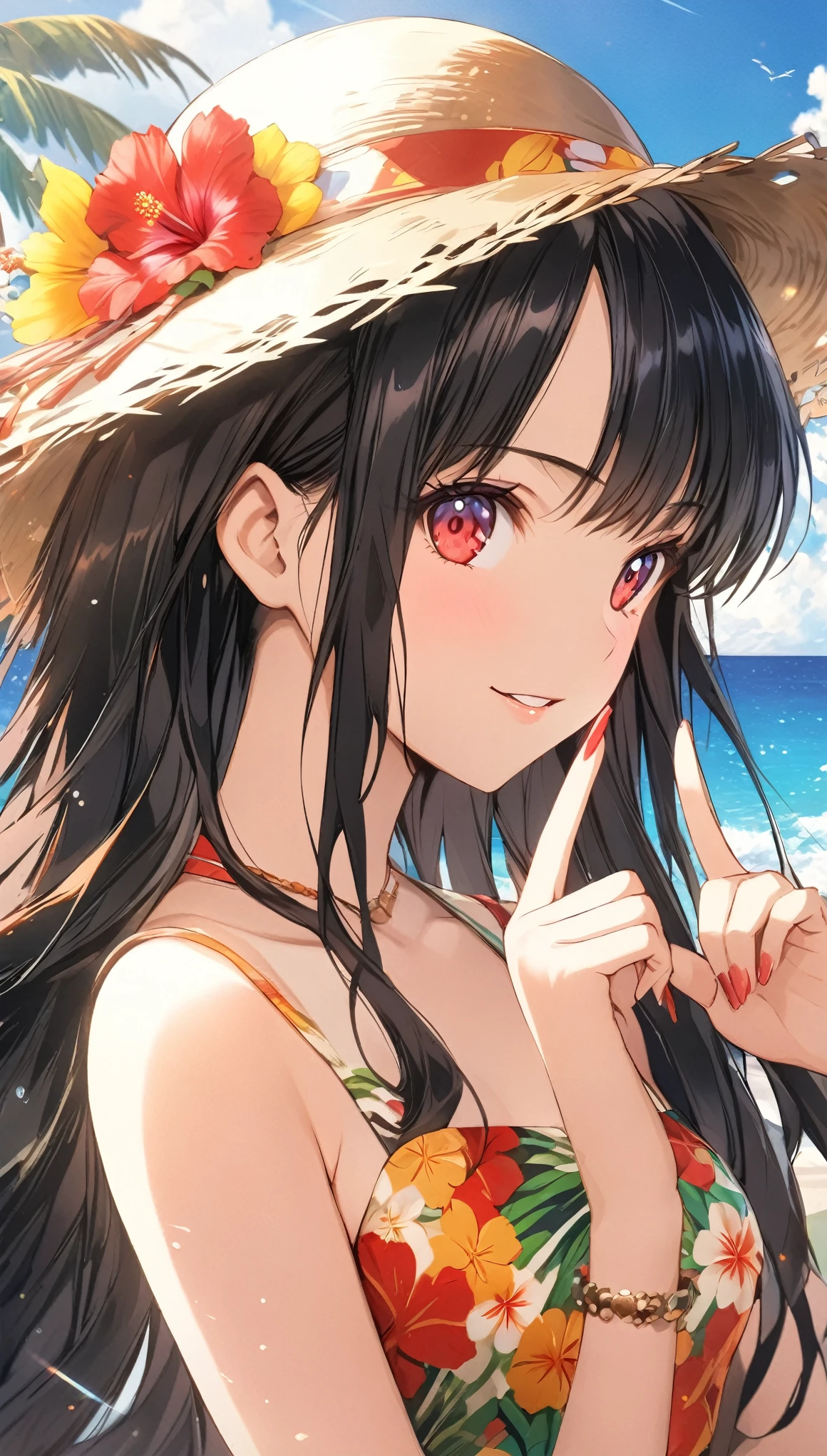 (masterpiece, highest_quality), very be familiar with cg unity 8k wallpaper, wonderful_Are you okay_figure, BREAK 1girl, long black hair wearing a straw hat, small breasts, (glamorous expression), red eyes, anime style 4k, beautiful anime portrait, anime moe art style, anime art wallpaper 4k, High quality anime art style, anime style portrait, be familiar with digital anime art, anime art wallpaper 8k, cute anime girl portrait, Hawaii background, blue sea, palm trees, sunlight, whole body, BREAK depth of field, perfect hands, nice fingers, 5_finger, 4_finger,1_thumb,