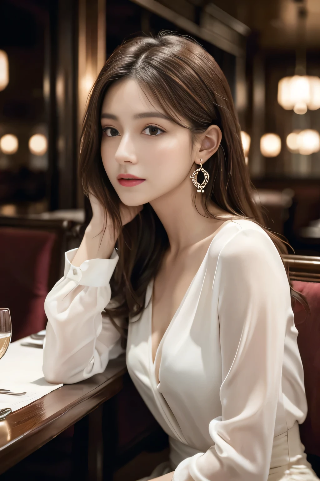 masterpiece, highest quality, Realistic, Very detailed, Finer details, High resolution, 8k wallpaper, One beautiful woman, Wear an elegant white see-through blouse, In a great restaurant, At night, Light brown messy hair, Perfect dynamic composition, Beautiful and beautiful eyes、Big earrings、Sitting in a chair、