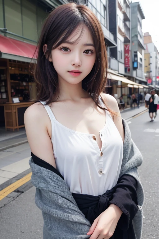 masterpiece, Best image quality, high quality, Beautiful girls, Japan語, Japan , Popular Korean makeup,, cardigan、 detailed, Swollen eyes, Detailed Eyes, Fine skin, Beautiful Skin, 超A high resolution, (reality:1.4), Very very beautiful, A  young face, Beautiful Skin, thin, (超reality的な), (High resolution), (8k), (美しくdetailedな目), (超detailedな), (wall-), (detailedな顔), Watching the audience, finely、Detailed face、Pure Erotic Face Ace_v1、Laughter、Look straight ahead、From the waist up, your body appears straight、reality的な写真、Bright lighting、Hair length、Winter City