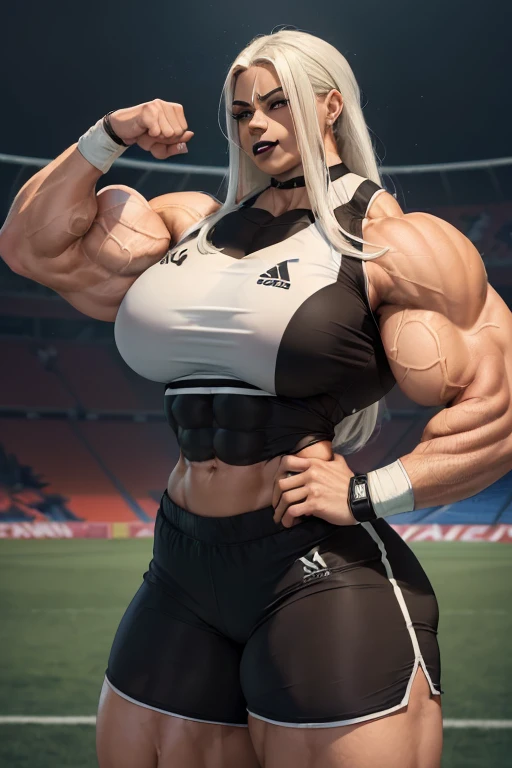 (((((Massive, tall, beautiful, glistening, light brown skinned, buff, muscular woman with white hair, black lipstick, ginormous bulky muscles and wearing a white soccer Jersey and sports shorts))))), (close view), massive muscles, massive biceps, hyper muscle shoulders, vascular shoulders, hyper muscle triceps, (long straight hair), blue eyes, (wristbands), choker, sneakers, (in a soccer field), confident smile, night, hyper vascular arm, hyper muscles arms, hyper muscle legs, massive arms.