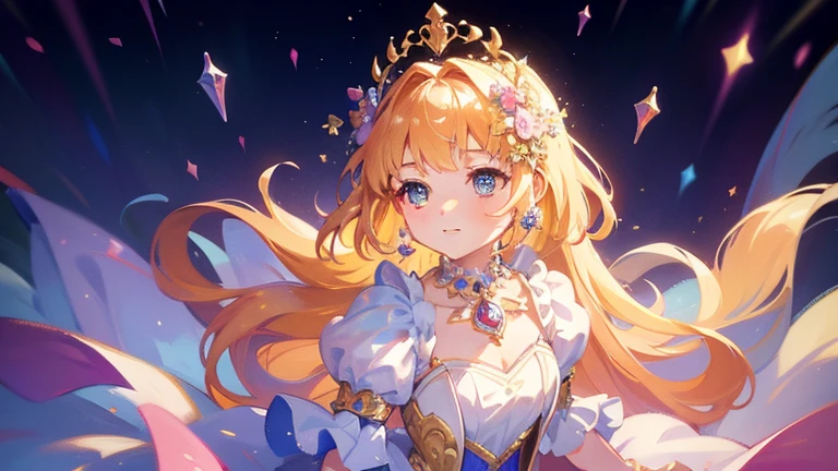 masterpiece, 8k, sharp focus, high resolution, princess, beautiful girl, fantasy princess dress, puffy multi-layered tiered ballgown, collar, sharp focus, intricately detailed dress design, colorful, whimsical, fantasy, magical, fullbody, from above, looking up, 