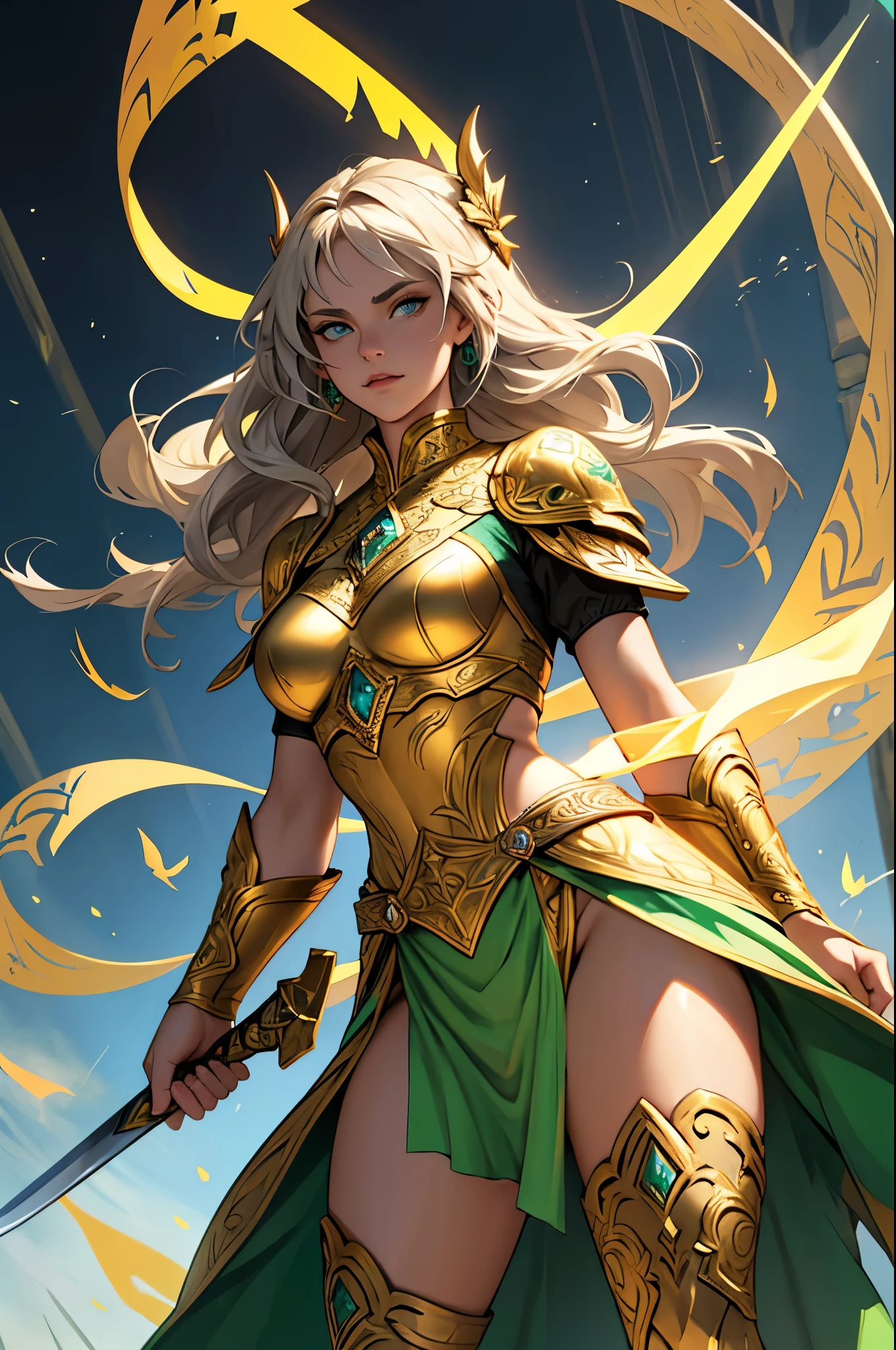 Create a high-fantasy character portrait of Alana Pendragon, a noble and valiant leader. She has a harmonious face with high cheekbones, a defined jaw, and determined lips. Her eyes are deep emerald green, exuding wisdom and leadership. Her long, wavy light brown hair falls to the middle of her back, often adorned with golden ribbons. Alana stands tall and athletic, wearing a shining silver armor with gold inlays decorated with Celtic patterns and dragons. She carries the legendary sword Excalibur, which emits a golden glow, and is surrounded by a luminous, golden aura.
