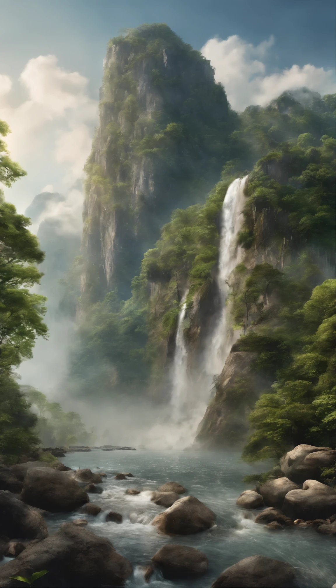 A fascinating masterpiece、Showcasing the highest quality and high resolution、Highly detailed CG created as Unity 8K wallpaper。This scene is set outdoors during the day, teeming with life.、It features a quiet sky covered with mysterious clouds.、I can't see anyone。A towering mountain covered in lush greenery and jagged cliffs々dominates the landscape、Rivers and tranquil lakes interweave the scene。In the blue sky、A veil of mist from the waterfall dots the、It flows down a rocky cliff。wood々Swaying gently、Adds rhythm to nature。
