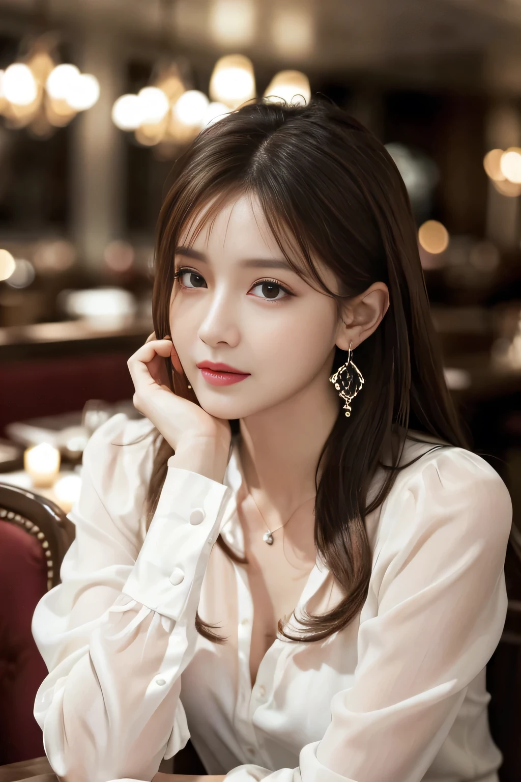 masterpiece, highest quality, Realistic, Very detailed, Finer details, High resolution, 8k wallpaper, One beautiful woman, Wear an elegant white see-through blouse, In a great restaurant, At night, Light brown messy hair, Perfect dynamic composition, Beautiful and beautiful eyes、Big earrings、Sitting in a chair、