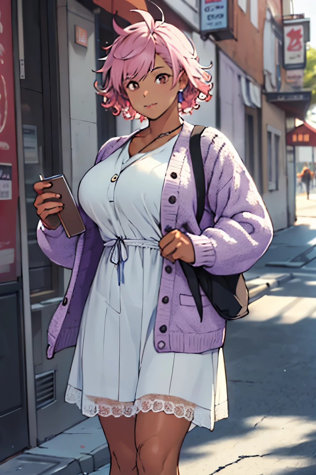 ((best quality)), ((masterpiece)), (detailed), Fluffy curly pink hair, tan skin, dark brown eyes, slightly chubby and wears a crochet cardigan and a lavender dress