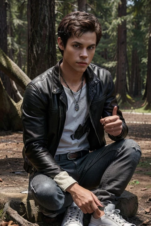 Dylan O'Brien, Stiles Stilinski ,teen wolf ,18 years old short messy dark brown hair, honey colored eyes, black open leather jacket, white shirt with fox print, black jeans with silver belt, fox pendant, black tennis shoes with white dark forest background fox aura around black color