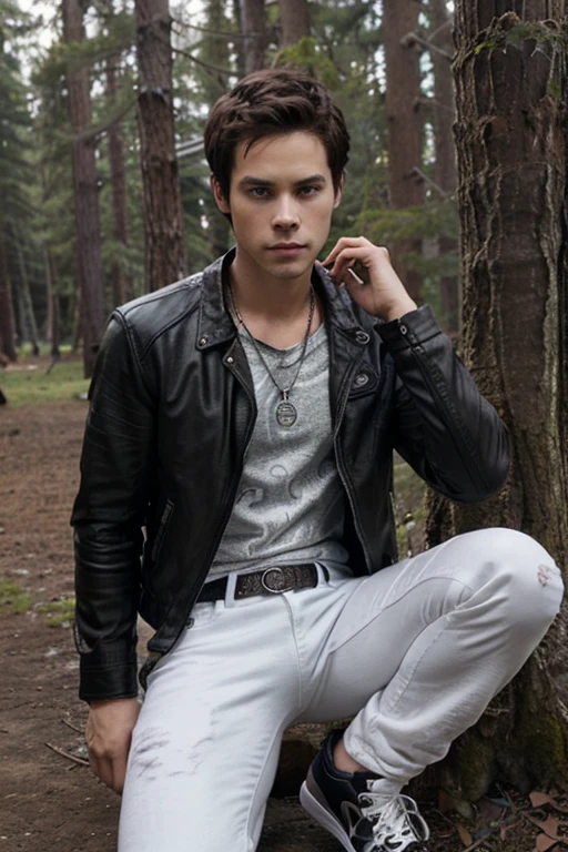 Dylan O'Brien, Stiles Stilinski ,teen wolf ,18 years old short messy dark brown hair, honey colored eyes, black open leather jacket, white shirt with fox print, black jeans with silver belt, fox pendant, black tennis shoes with white dark forest background fox aura around black color