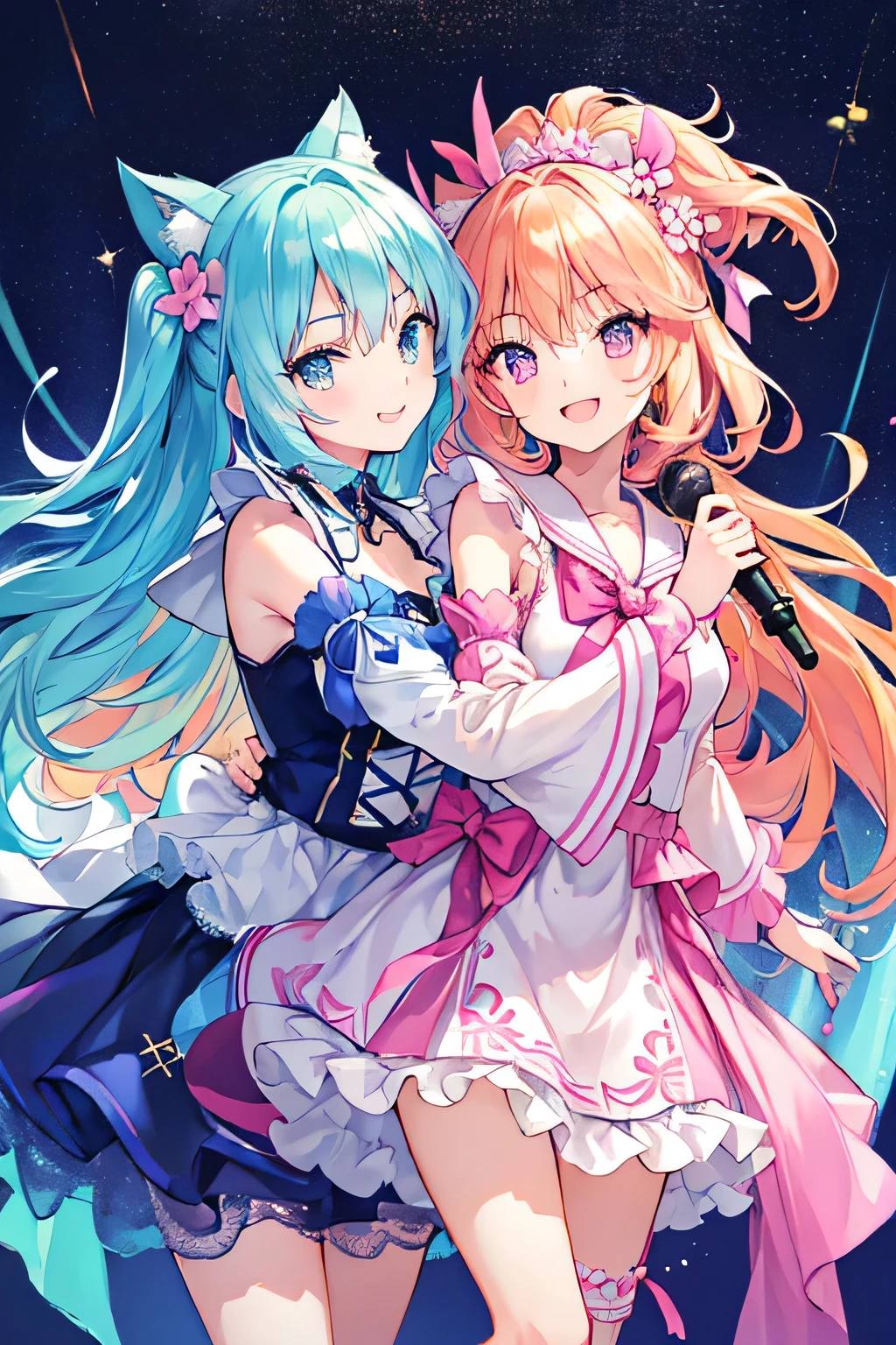 highest quality、High resolution、Detailed Background、(Beautiful face in every detail:1.4)、Anatomically correct、(Detailed facial expressions)、(Detailed eyes:1.2)、(Detailed eyes:1.2)、Teenage beauty、(Highly detailed face:1.4)、Brightly colored hair、well-groomed eyebrows、Cute Eye Makeup、Cute Lip Makeup、Cosplay-style sailor dress、No sleeve、White Stockings、A big smile、Impressive、(Uplifting)、Idol Style、chemical light、Show your side、Hide your hands、
(Two beautiful girls smiling and singing on stage:1.5)、
Costumes and accessories are made to glow using fluorescent paints and glitter.、Bright colors and pop colors、pink、yellow、Pastel colors etc.、Ruffles and laces、Sleeves and hems of clothing、Ruffles and laces are applied to the collar etc.、Animal and floral patternotifs such as hearts、Dresses and skirts、Femininity and cuteness、Hair accessories and ribbons