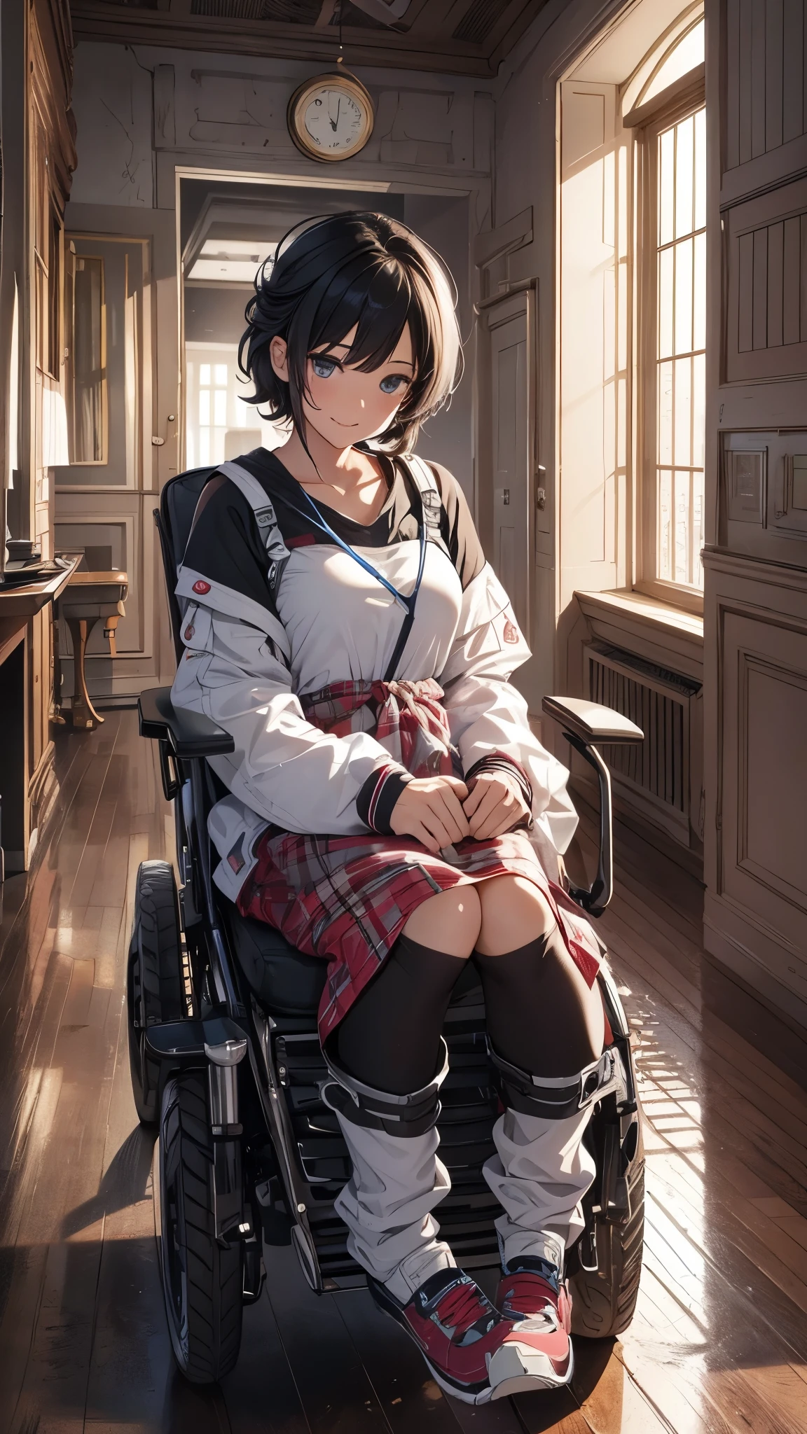 (Very detailed, Realistic), Hospital scene, [Moderate:Oil], [Professional:1.1], [Physically Based Rendering], [Bright colors], [Sharp focus], [Studio Lighting], [Extreme Detail], [highest quality,4K,8k,High resolution,masterpiece:1.2],(whole body),Inside the house,Inside the room,18-year-old girl,,((Ragged short black hair,messy hair)),((despressed,despair,anxiety)),(Subservient laughter),((grin)),[Nervous eyes],(Casual women&#39;s fashion,dress,knee pads,Army Boots,),((Ride an electric wheelchair)),((Operate a power wheelchair))