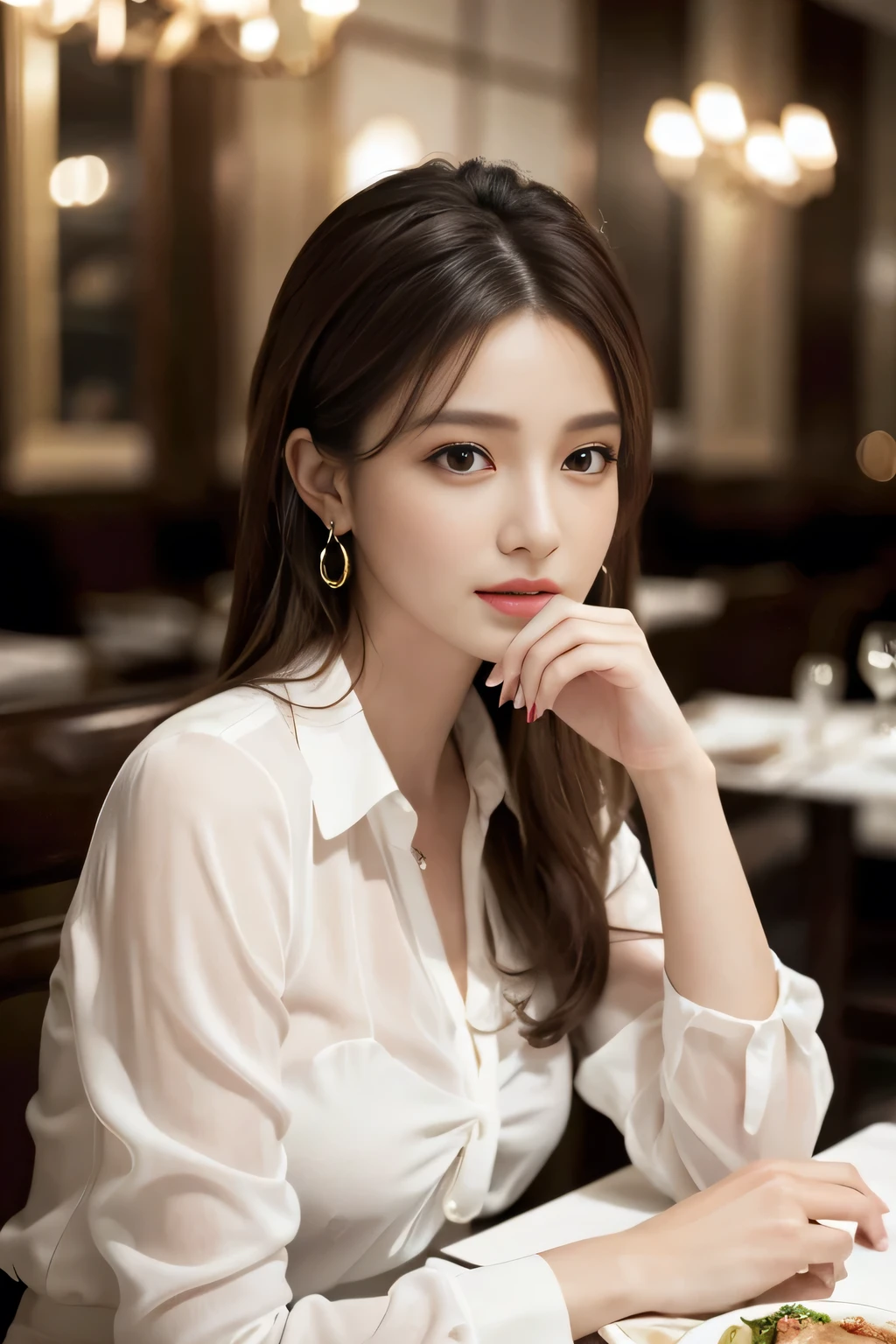 masterpiece, highest quality, Realistic, Very detailed, Finer details, High resolution, 8k wallpaper, One beautiful woman, Wear an elegant white see-through blouse, In a great restaurant, At night, Light brown messy hair, Perfect dynamic composition, Beautiful and beautiful eyes、Big earrings、Sitting in a chair、