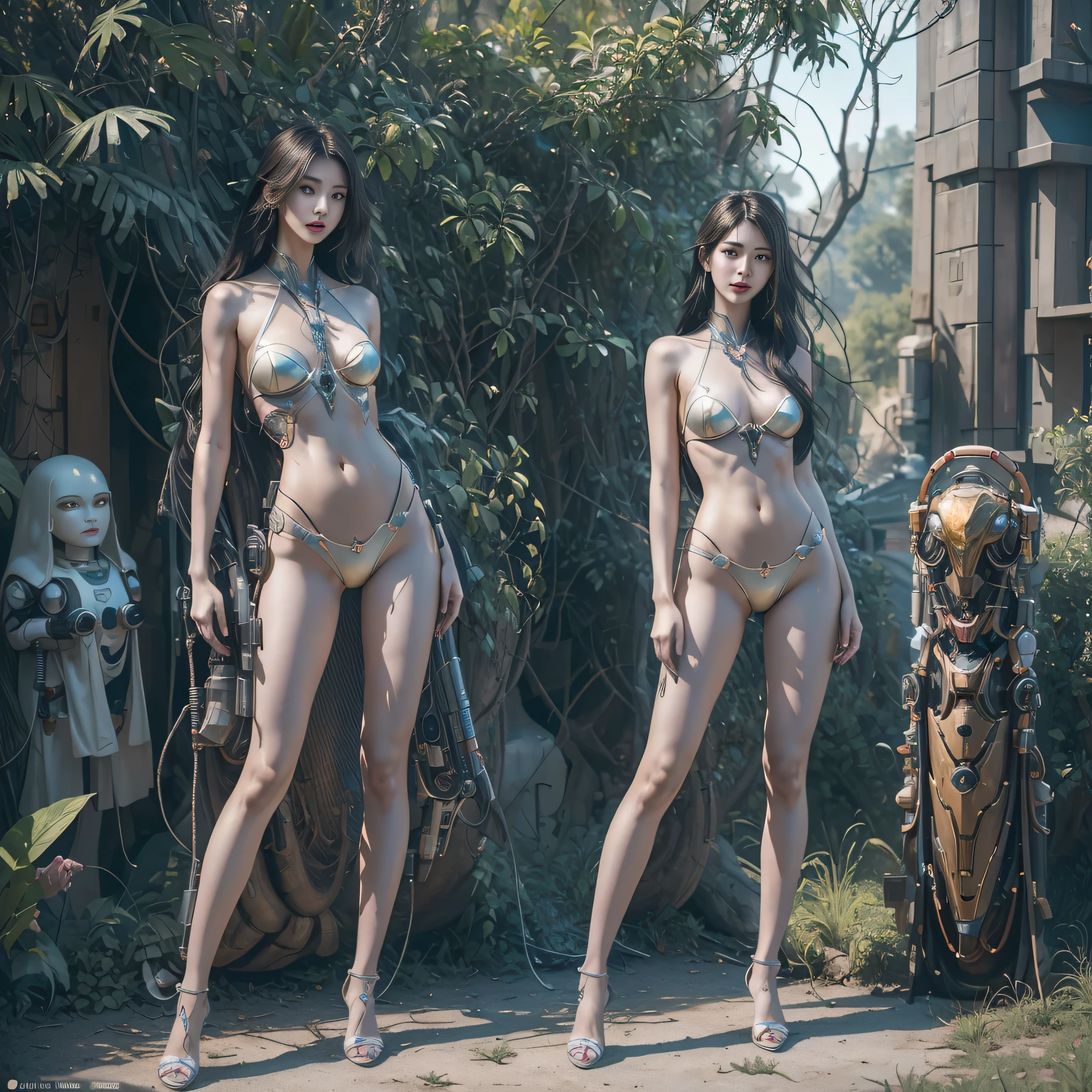 Premium quality, Masterpiece, Ultra high resolution, ((Photorealistic: 1.4), Raw photo, 1 cyberpunk girl, Glowing skin, 1 Mechanical girl, ((standing, true to life copy)), (Ultra realistic details) ), mechanical limbs, tubes connected to the mechanical parts, mechanical vertebrae attached to the spine, mechanical cervical attachment to the neck, wires and cables connecting to the head, Evangelion, Ghost in the Shell, small glowing LED lamps, global illumination , deep shadows, Octane Rendering, 8K, Ultra Sharp, Metal, Intricate ornament details, baroque details, very intricate details, realistic light, facing the camera, neon details, (beautiful bare legs, perfect female legs, perfect measurements) , tiny bikini, "crotch view", young woman, defined face, beautiful face, crimson lips, lips parted, sticky mascara, (In the hot forest, summer). (Android factory in the background), exudes sensuality, high resolution, hyperrealism, VRAY, ((looking at stone stele with alien hieroglyphs emitting white light))