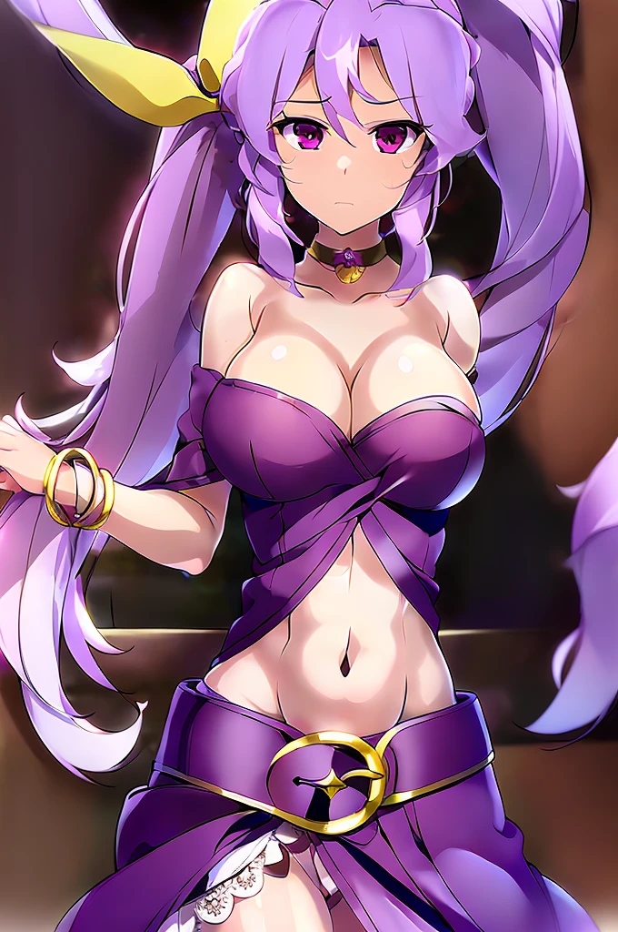 (masterpiece, best quality), best quality, (ultra-detailed), (3heads:1.5), 1girl, (watatsuki no yorihime:1.3), masterpiece, best quality, ultra quality, ultra resolution, ultra detail, dark red top, small crop top, ((stomach)), midriff, ((groin)), open midriff, dark red skirt, miniskirt, normal ears, shackles, light purple hair, tied into a ponytail, very long hair, wavy hair, sidelocks, purple eyes, parted lips, sweat, cute, open belly, toned belly, hand on own chest, eyelashes, (24 year old woman:1.3), (masterpiece:1.5), (best quality:1.5), (beautiful detailed), extremely detailed CG, extremely delicate and beautiful, depth of field, (finely detailed face), (perfect details:1.2), (mature female:1.3), wide pelvis, slender, large veiny breast, 16k resolution, highres, very high quality, very high definition, extremely detailed, masterpiece, light purple hair, long hair, alluring presence, braid, short skirt, close up, big tits, young, white bonnet, red bow, open belly, midriff, nsfw,
