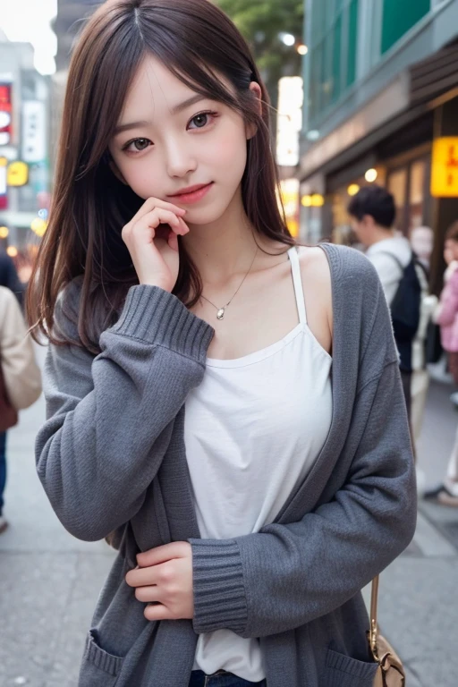 masterpiece, Best image quality, high quality, Beautiful girls, Japan語, Japan , Popular Korean makeup,, cardigan、 detailed, Swollen eyes, Detailed Eyes, Fine skin, Beautiful Skin, 超A high resolution, (reality:1.4), Very very beautiful, A young face, Beautiful Skin, thin, (超reality的な), (High resolution), (8k), (美しくdetailedな目), (超detailedな), (wall-), (detailedな顔), Watching the audience, finely、Detailed face、Pure Erotic Face Ace_v1、Laughter、Look straight ahead、From the waist up, your body appears straight、reality的な写真、Bright lighting、Hair length、Winter City