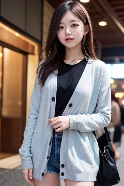 masterpiece, Best image quality, high quality, Beautiful girls, Japan語, Japan , Popular Korean makeup,, cardigan、 detailed, Swollen eyes, Detailed Eyes, Fine skin, Beautiful Skin, 超A high resolution, (reality:1.4), Very very beautiful, A little young face, Beautiful Skin, thin, (超reality的な), (High resolution), (8k), (美しくdetailedな目), (超detailedな), (wall-), (detailedな顔), Watching the audience, finely、Detailed face、Pure Erotic Face Ace_v1、Laughter、Look straight ahead、From the waist up, your body appears straight、reality的な写真、Bright lighting、Hair length、Winter City
