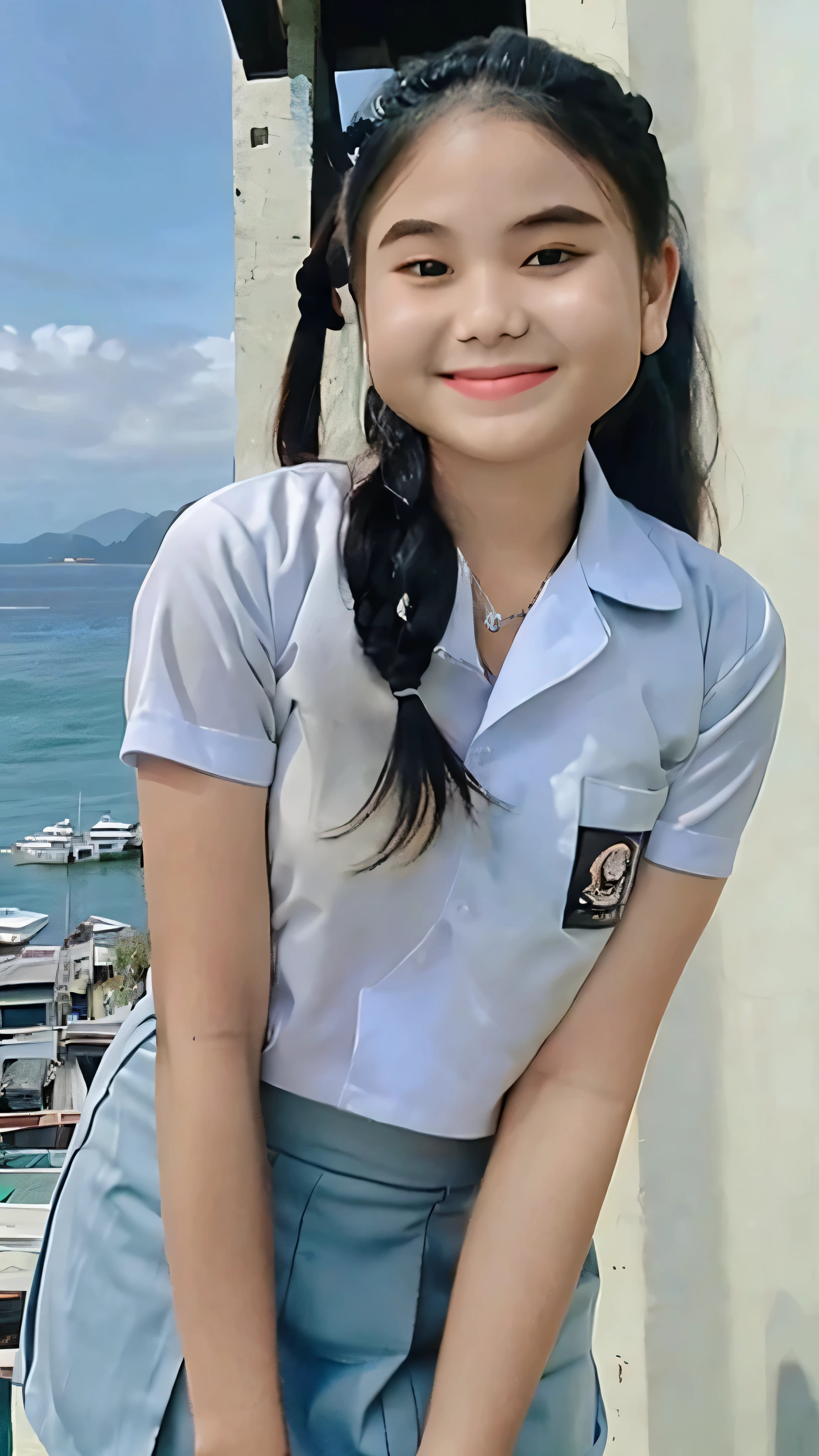 18 year old girl, alone, looking at the viewer, dark blonde long hair, hair is tied up, thin body, smaller chest, white shirt, short sleeves, bluish grey mini skirt, Coastal rocky background, smile, realistic, masterpiece, 最high quality, high quality, High resolution,