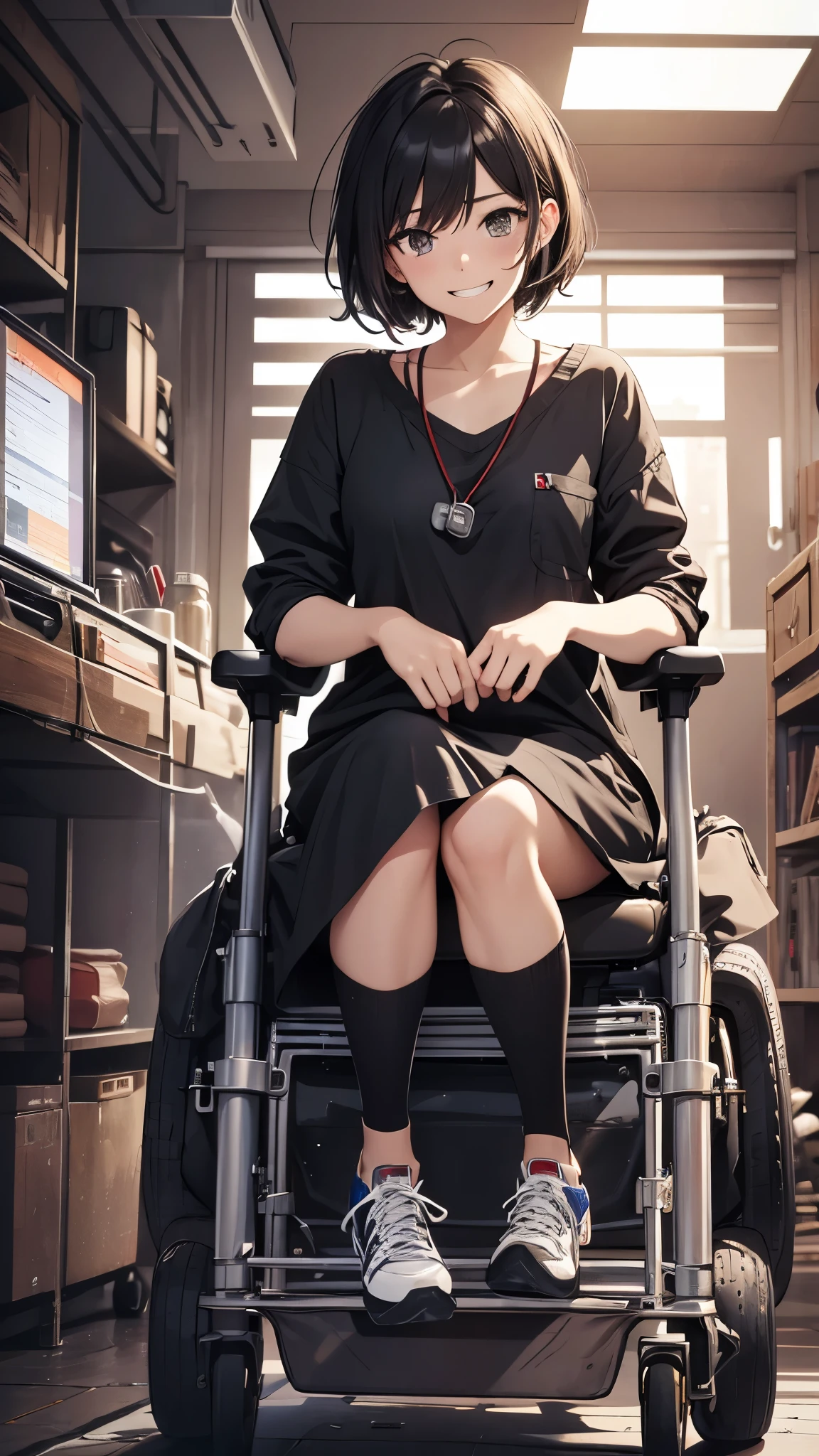 (Very detailed, Realistic), Hospital scene, [Moderate:Oil], [Professional:1.1], [Physically Based Rendering], [Bright colors], [Sharp focus], [Studio Lighting], [Extreme Detail], [highest quality,4K,8k,High resolution,masterpiece:1.2],(whole body),Inside the house,Inside the room,18-year-old girl,,((Ragged short black hair,messy hair)),((despressed,despair,anxiety)),(Subservient laughter),((grin)),[Nervous eyes],(Casual women&#39;s fashion,dress,knee pads,Army Boots,),((Ride an electric wheelchair)),((Operate a power wheelchair))