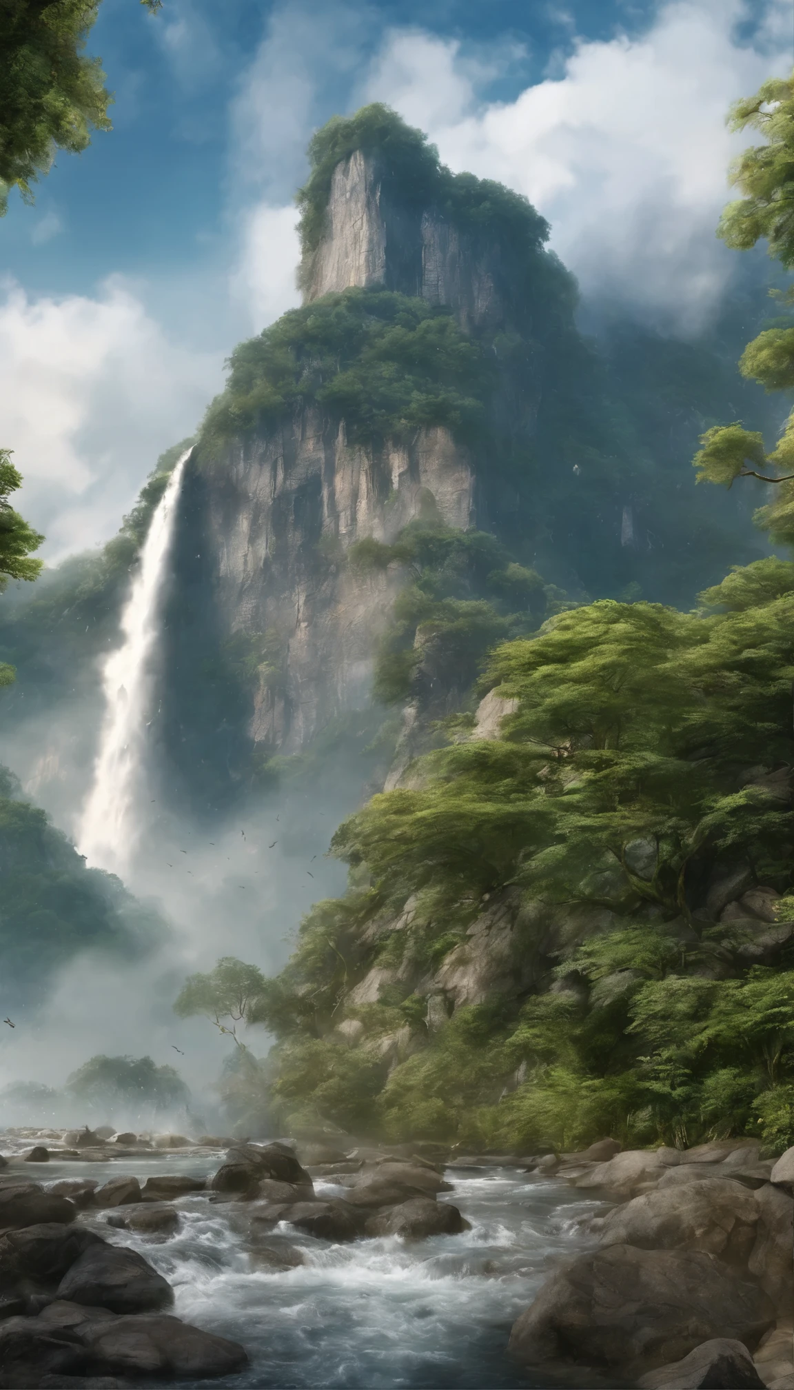 A fascinating masterpiece、Showcasing the highest quality and high resolution、Highly detailed CG created as Unity 8K wallpaper。This scene is set outdoors during the day, teeming with life.、It features a quiet sky covered with mysterious clouds.、I can't see anyone。A towering mountain covered in lush greenery and jagged cliffs々dominates the landscape、Rivers and tranquil lakes interweave the scene。In the blue sky、A veil of mist from the waterfall dots the、It flows down a rocky cliff。wood々Swaying gently、Adds rhythm to nature。