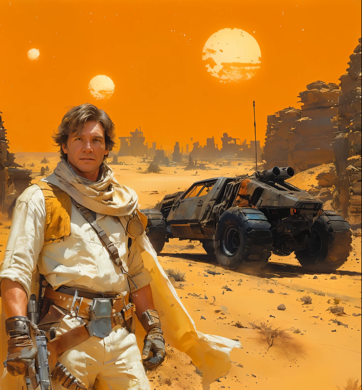 there is a young man Harrison Ford standing in the desert with a gun, craig mullins style, inspired by Craig Mullins, craig mullins 8 k, craig mullins greg rutkowski, by Craig Mullins, craig mullins nekro, syd mead and mark brooks, stefan koidl inspired, james gurney painting style, inspired by James Gurney, syd mead and raphael lacoste