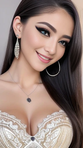 highest quality, masterpiece, One Girl, whole body, Very delicate and beautiful girl, 8k wallpaper, Beautiful details, Beautiful sparkle, Cinema Lighting、Silver Hair、Long Hair、ponytail、Aqua blue eyes、Big smile、blush:1.4、necklace、Long Piercing、(Sexy Gal:1.35),highest quality, masterpiece, Ultra-high resolution,(Realistic:1.4), (RAW Photos:1.2), Fine Eyes, (Beautiful Face:1.2),(Glare:1.4),(Wicked Smile:1.35)、(Compensate),(mascara)、(eye shadow)、(False eyelashes),((Skinny body、Curvy waist))、Small protruding hips、Long and narrow face、Slender eyes、Overalls up to the chest、