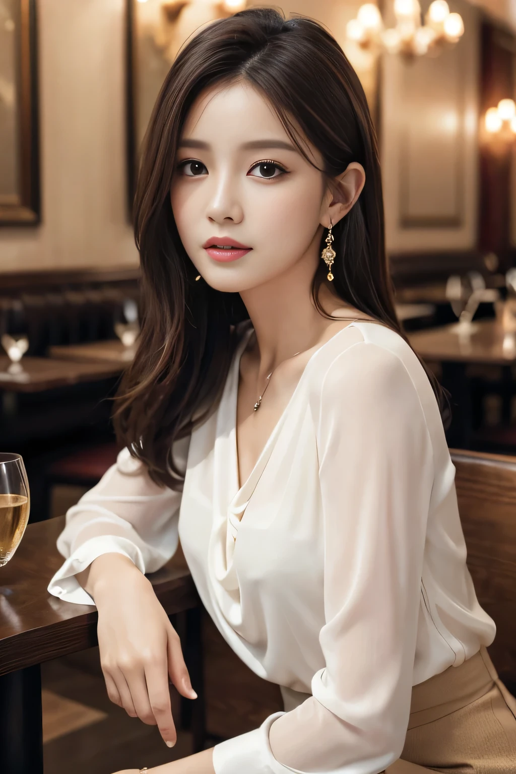masterpiece, highest quality, Realistic, Very detailed, Finer details, High resolution, 8k wallpaper, One beautiful woman, Wear an elegant white see-through blouse, In a great restaurant, At night, Light brown messy hair, Perfect dynamic composition, Beautiful and beautiful eyes、Big earrings、Sitting in a chair、