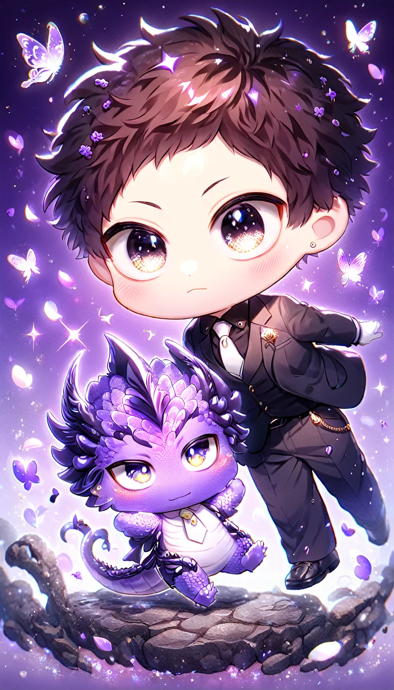 Ultra detailed, Highres, absurdres, HDR, Chisaki Kai Chibi, Overhaul, dark brown hair, short hair, expressive golden eyes, white necktie, black shirt, glittering purple butterflies, Boku No Hero Academia, white gloves, petals, magical, man, cute, very detailed eyes and face, master piece, purple background, purple flowers, glittering, fantasy, hugging a purple dragon, best quality,