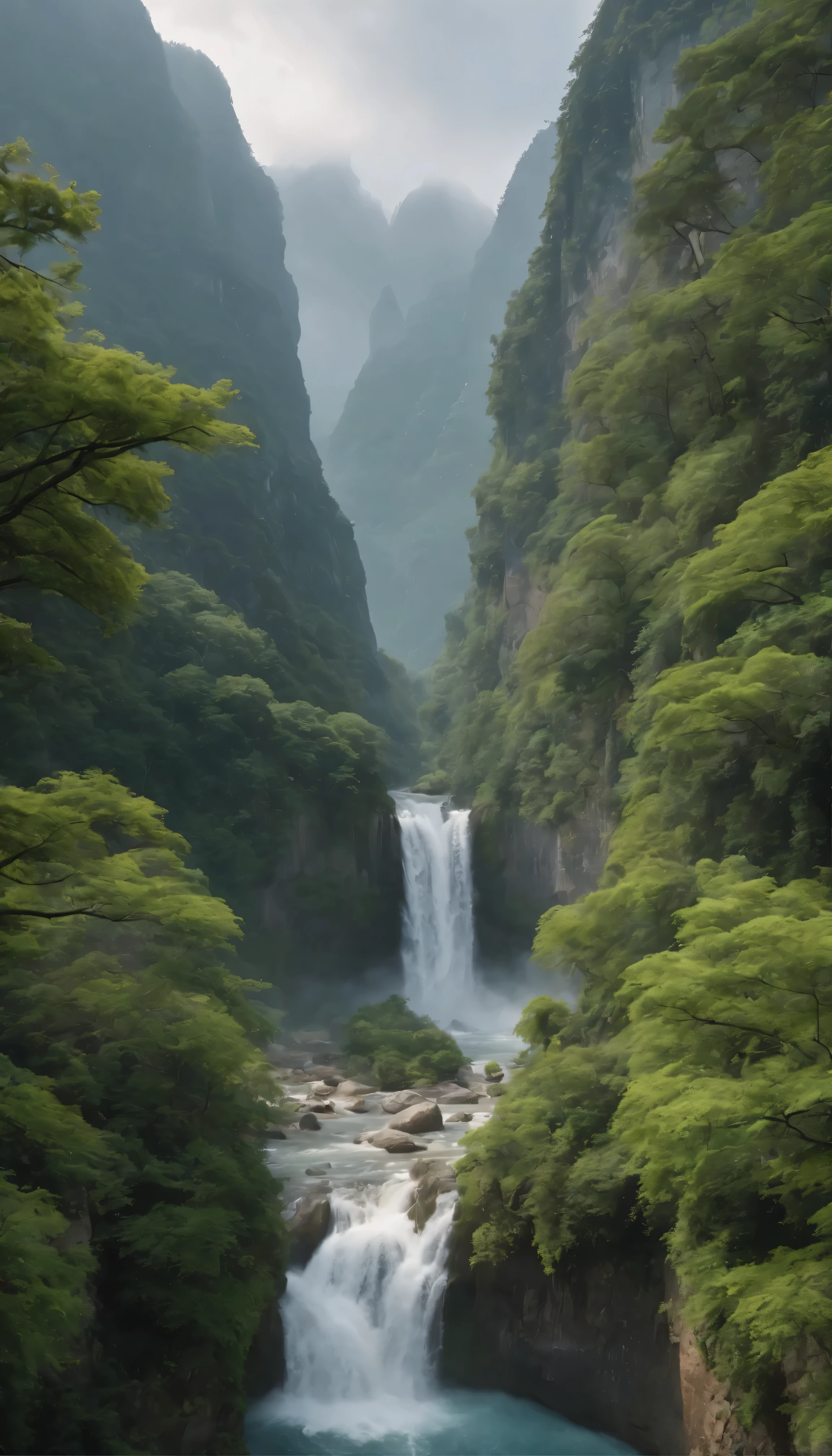 A fascinating masterpiece、Showcasing the highest quality and high resolution、Highly detailed CG created as Unity 8K wallpaper。This scene is set outdoors during the day, teeming with life.、It features a quiet sky covered with mysterious clouds.、I can't see anyone。A towering mountain covered in lush greenery and jagged cliffs々dominates the landscape、Rivers and tranquil lakes interweave the scene。In the blue sky、A veil of mist from the waterfall dots the、It flows down a rocky cliff。wood々Swaying gently、Adds rhythm to nature。