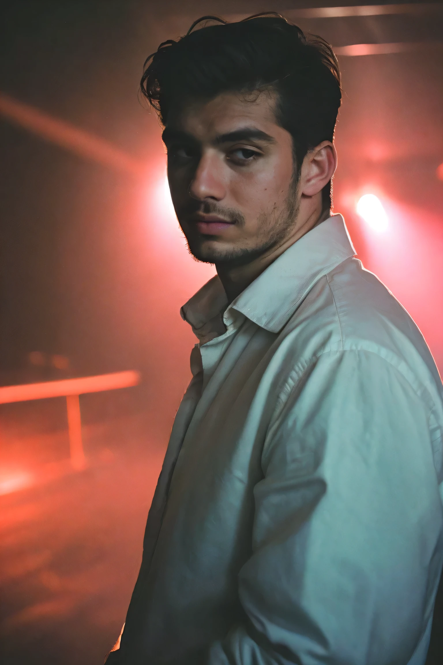 Portrait, shot on leica, shadowplay, gorgeous lighting, subtle pastel hues, nightclub ,Handsome men,solo
