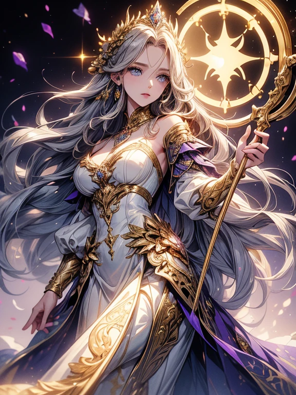 A goddess inspired by the zodiac, blending traits of Artemis and the stars, with silver hair turning into constellations, wielding a bow and surrounded by celestial creatures representing each zodiac sign in a starry dome.