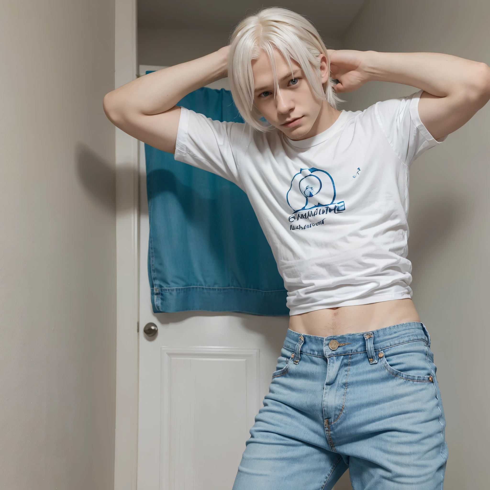 Fanart anime garoto homem albino de cabelo longo branco olhos vermelhos usando casaco azul escuro desbotado, jeans and panties