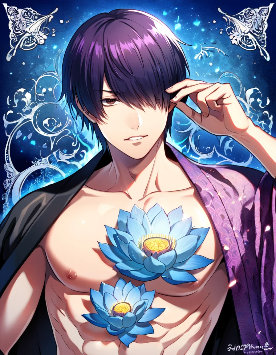 Ultra detailed, HDR, Highres, absurdres, master piece, Fushiguro Touji, black straight hair, expressive green eyes, Jujutsu Kaisen, purple background, petals, fantasy, purple flowers, sexy man, solo, extremely detailed face and eyes, handsome, glittering, toned chest, black coat with patterns, black tight shirt, purple moon, black cape, purple flames,