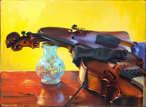 painting of a violin and a vase on a table, inspired by Federico Zandomeneghi, oil on wood, right side composition, inspired by Adolph Menzel, inspired by Armand Guillaumin, violin, inspired by Clarice Beckett, oil on canva, virtuosic painting, oil-painting, oil - painting, oil painted