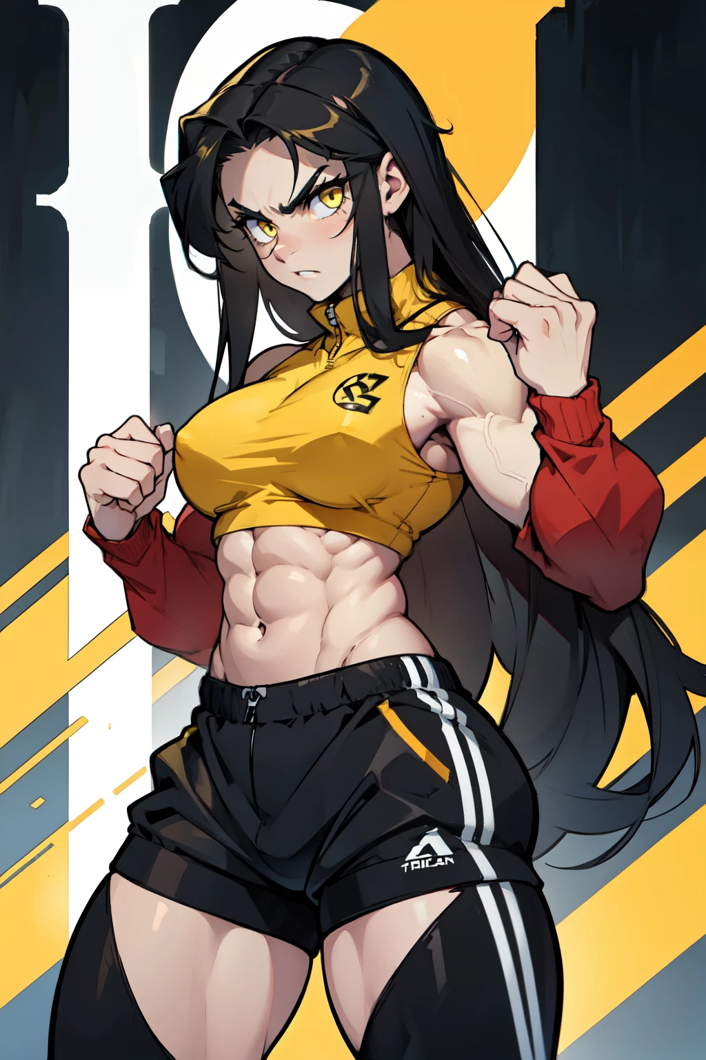 angry ((((1girl)))) (((bodybuilder))) pale skin black hair very long hair yellow eyes midriff