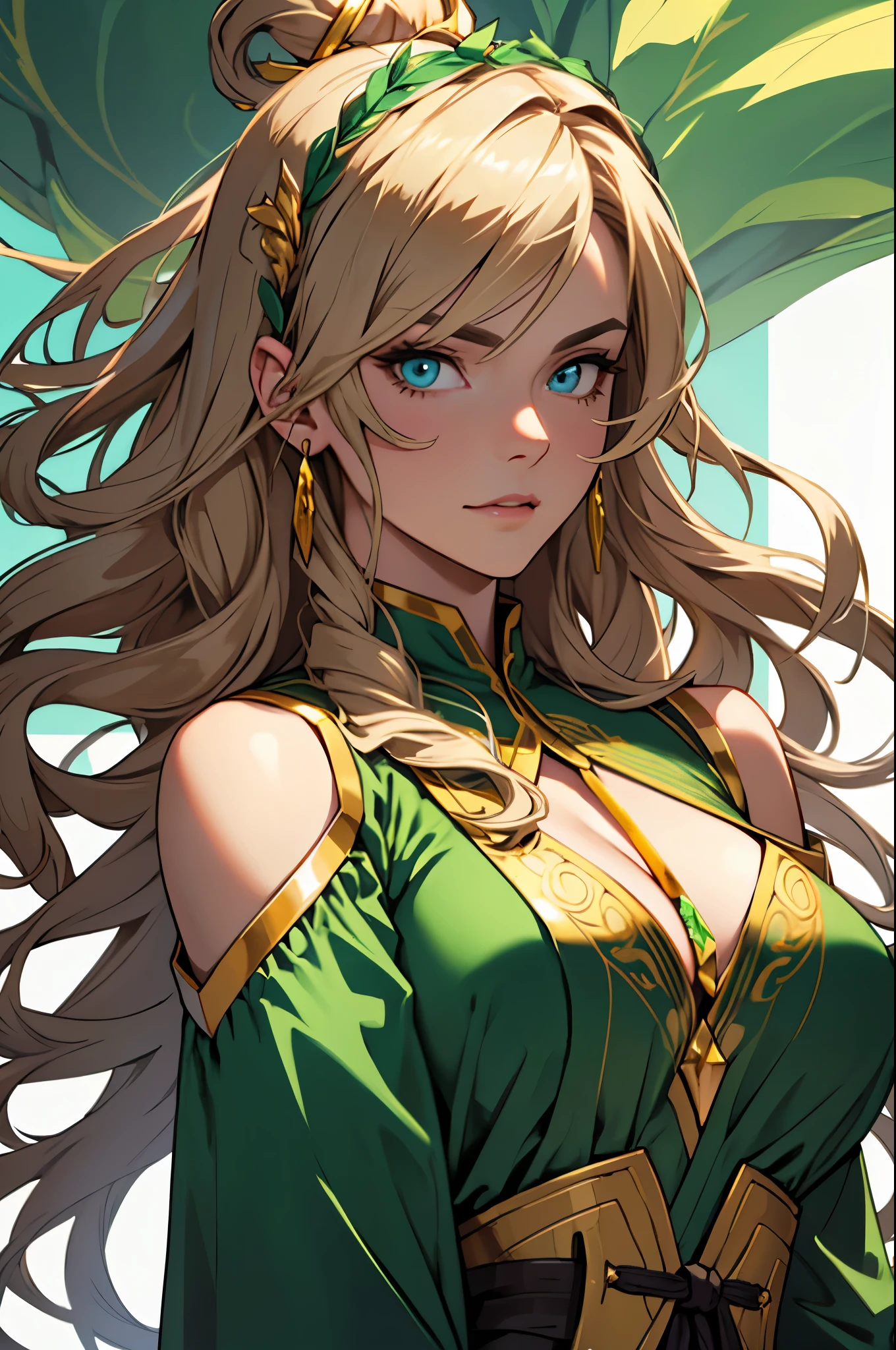 Create a detailed close-up portrait of Alana Pendragon. She has a harmonious face with high cheekbones and a defined jaw. Her eyes are a deep emerald green, reflecting wisdom and leadership. Her long, wavy light brown hair falls gracefully over her shoulders, adorned with golden ribbons. Surround her with a subtle, golden aura to emphasize her noble heritage and power.
