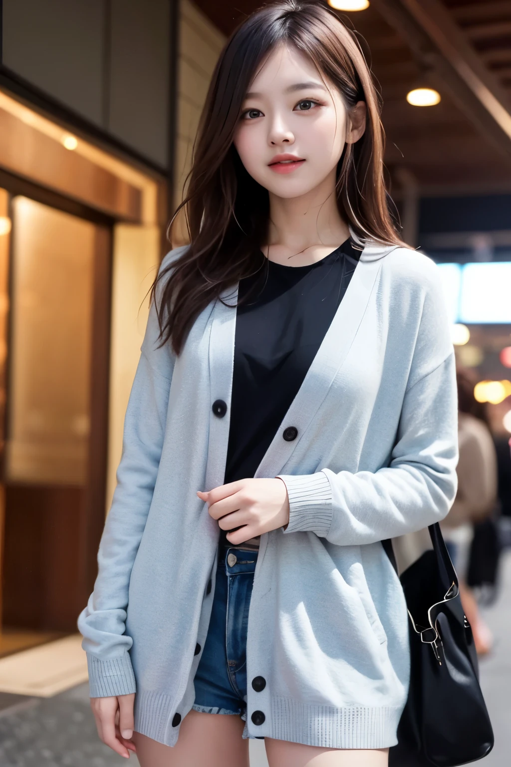 masterpiece, Best image quality, high quality, Beautiful girls, Japan語, Japan , Popular Korean makeup,, cardigan、 detailed, Swollen eyes, Detailed Eyes, Fine skin, Beautiful Skin, 超A high resolution, (reality:1.4), Very very beautiful, A little young face, Beautiful Skin, thin, (超reality的な), (High resolution), (8k), (美しくdetailedな目), (超detailedな), (wall-), (detailedな顔), Watching the audience, finely、Detailed face、Pure Erotic Face Ace_v1、Laughter、Look straight ahead、From the waist up, your body appears straight、reality的な写真、Bright lighting、Hair length、Winter City