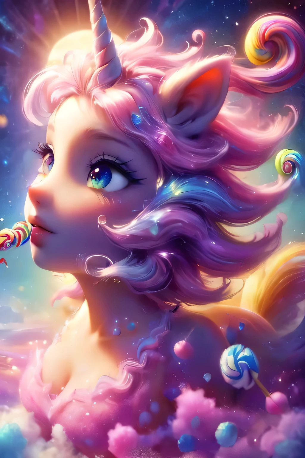 fantasy art , 8K, HD, Creature magic,coloful,candy,female,cute,pretty,pony,mane cotton candy,hull crystal candy,tail cotton candy,furry,A creature like a unicorn，closeup cleavage，Take off and run，Ride the cloudighty，universe background，Starcloud，suns，rays of sunshine，heavenly body，（The limbs are intact and sound），（Do not appear extra legs），（light and shadow effect），（Movie lighting），（cinema4d），（Depth of field effect），（8k wallpaper），（rendering by octane），（Dingdall effect），（Unreal 5），（Masterpiece），Extremely detailed picture depiction，realisticlying8k, ultra detailed, soft lighting, cartoon, best quality, trending on artstation,nice art,perfect art,nice detailed art,nice detailed body,nice detailed face,best quality, 8k, best quality, ultra-detailed , 8K, HD,